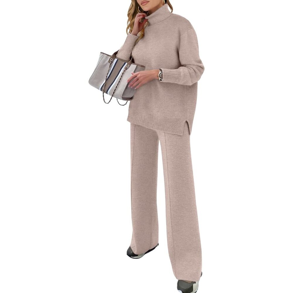 Womens 2 Piece Knit Lounge Set Turtleneck Wide Leg Pants Cozy Sweatsuit